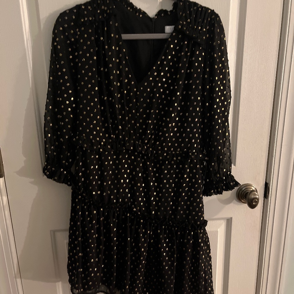 Hunter Bell Black Ruffle Trim Asymmetric Skirt Gold Foil Speckle Polka Dot Dress